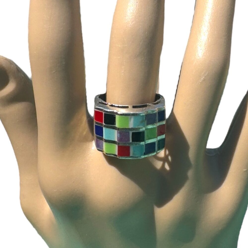Vintage 70s 925 Silver Multicolor Multi Stones Mosaic Ring size 8 - Picture 4 of 10